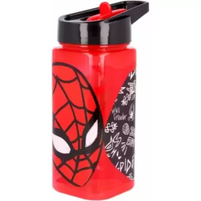 Garrafa desportiva vermelha com tampa preta e desenho do Homem-Aranha