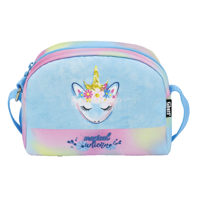 Mala pequena azul pastel com desenho de unicórnio e texto 'magical unicorn'