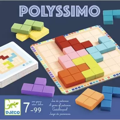 Jogo POLYSSIMO com peças em várias cores e formas geométricas num tabuleiro.