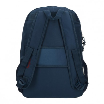 Mochila azul escura vista de trás com alças acolchoadas