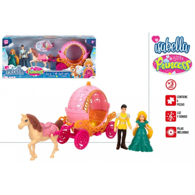 Brinquedo carruagem rosa com cavalo e duas figuras humanas em embalagem