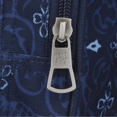 Puxador de fecho de correr metálico prateado em tecido azul escuro com padrão floral