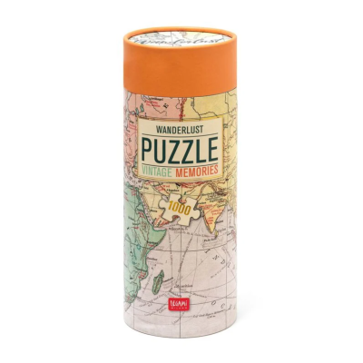 Embalagem redonda de puzzle com capa laranja e design de mapa antigo