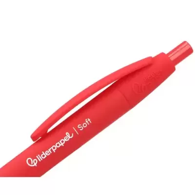 Caneta esferográfica vermelha com texto branco e relevo de marca