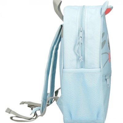 Mochila azul clara infantil com bolso lateral em rede e alças cinza ajustáveis