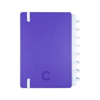 Caderno com capa roxa e detalhes brancos