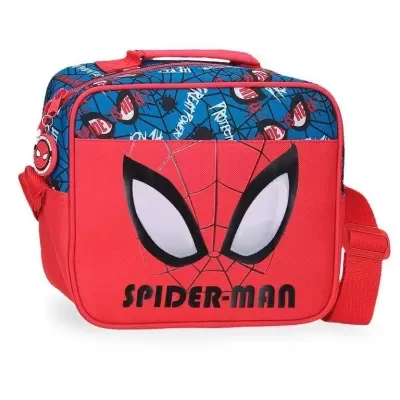 Mala infantil vermelha e azul Spider-Man com rosto e teia de aranha