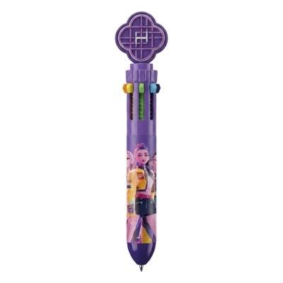 Caneta de plástico roxa com desenhos de personagens