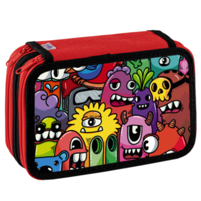 Estojo escolar vermelho com estampado de monstros coloridos