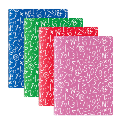 Quatro cadernos coloridos com símbolos matemáticos brancos