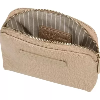 Carteira pequena bege com fecho de correr dourado e interior riscado.