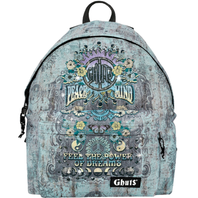 Mochila azul com flores amarelas e texto em branco e preto