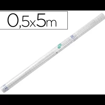 Rolo de papel autocolante branco com grelha cinzenta e dimensões 0,5x5m.