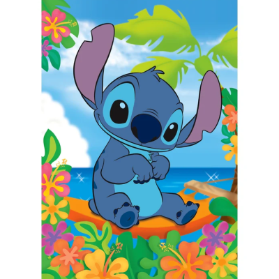 Personagem azul Stitch sentado numa prancha de surf laranja rodeado por flores tropicais