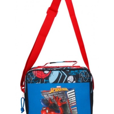 Mala infantil de ombro azul com estampa Spider-Man e alça vermelha