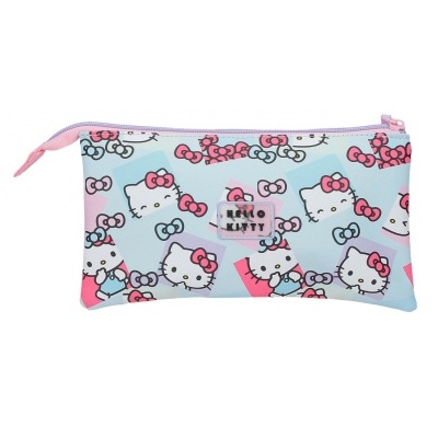 Estojo azul claro com padrão Hello Kitty colorido e fecho de correr lilás