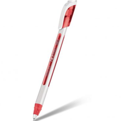 Caneta esferográfica branca e vermelha com texto impresso sobre fundo branco