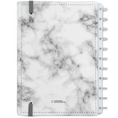 Caderno com capa de padrão mármore branco e cinza e argolas plásticas