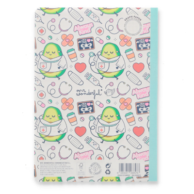 Capa de caderno com padrão colorido e lombada azul claro