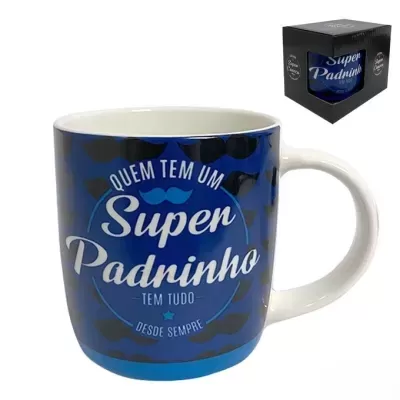 Caneca cerâmica azul com texto e padrão de bigodes, embrulhada em caixa preta