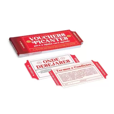 Livro vermelho de vouchers picantes com vouchers brancos e vermelhos exibidos, texto VOUCHERS PICANTES para a minha cara metade visível