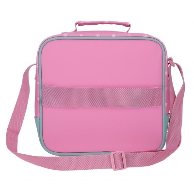 Mala escolar rosa com alça ajustável e detalhes em azul claro