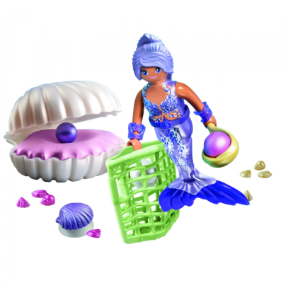 Boneca sereia plástica azul e lilás com conchas e pérolas coloridas