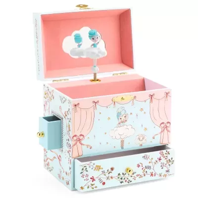 Caixa de música e jóias decorada com bailarina azul e flores em cores pastel