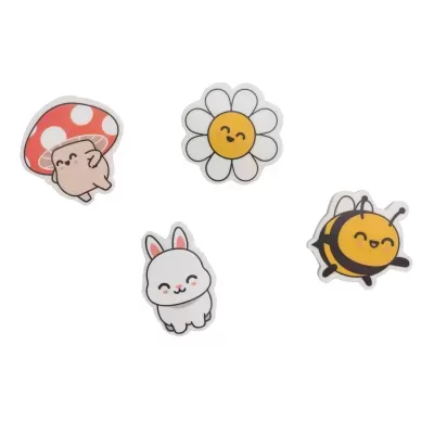 Ímanes ilustrados de cogumelo, flor, abelha e coelho