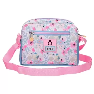Mala de ombro floral com alça rosa e etiqueta 'Ö ensō'