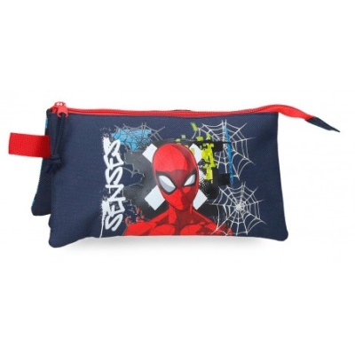 Estojo azul escuro com Homem-Aranha e fecho vermelho.