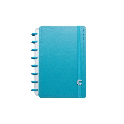Caderno ou agenda azul turquesa com fecho elástico e argolas laterais