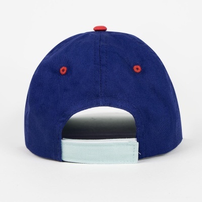 Boné azul escuro com fecho ajustável azul claro e detalhes vermelhos