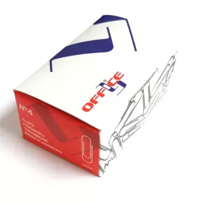 Embalagem branca e vermelha com texto OFFICE e desenho de clips metálico