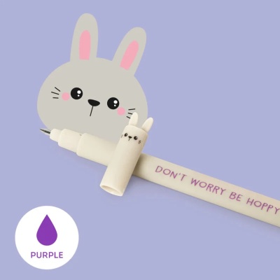 Caneta roxa com tampa de coelho e texto 'DON'T WORRY BE HOPPY'