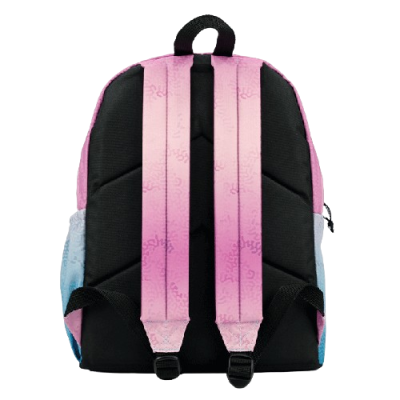 Mochila com alças cor-de-rosa degradê, corpo preto e laterais azuis