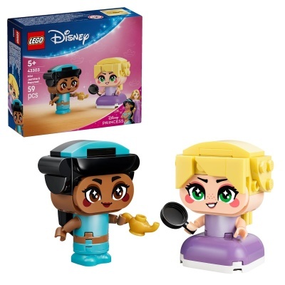 Conjunto LEGO Disney Princess Mini Jasmine e Rapunzel com 59 peças e acessórios.