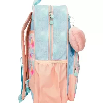 Mochila escolar azul e rosa com bolso lateral e chaveiro pompom