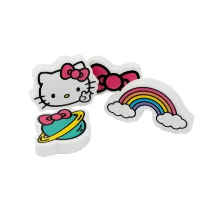 Borrachas com desenhos de Hello Kitty, arco-íris, planeta e laço rosa