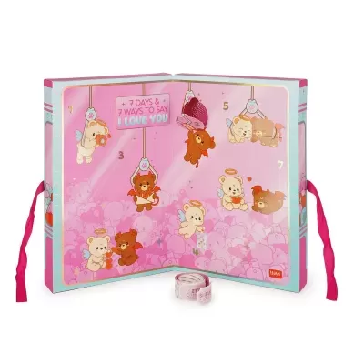 Calendário do advento rosa com ursos pequenos e texto 7 DAYS & 7 WAYS TO SAY I LOVE YOU.