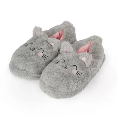 Pantufas felpudas cinzentas com rosto de gato e interior rosa