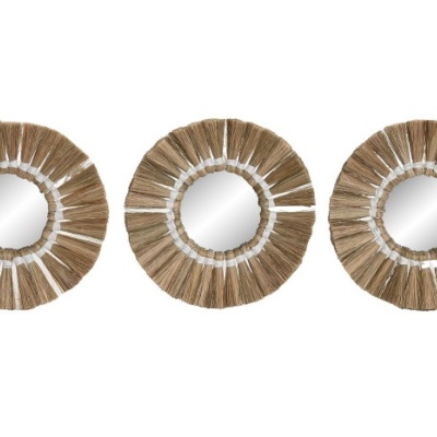 Três espelhos redondos com moldura de fibra natural castanha clara