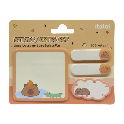 Conjunto de sticky notes com ilustrações de urso e crocodilo em embalagem laranja.