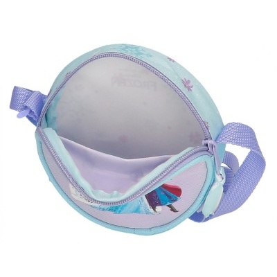 Bolsa pequena redonda azul e lilás com fecho e alça lilás