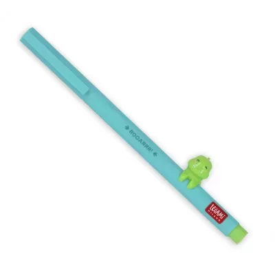 Caneta azul turquesa com personagem verde e etiqueta vermelha LEGAMI