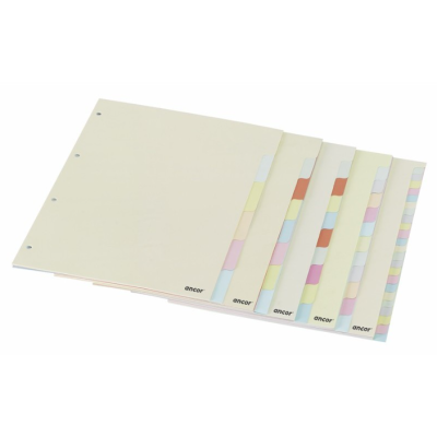 Conjunto de separadores de papel com abas coloridas e texto 'ancor'