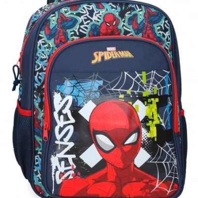 Mochila infantil azul escura com estampa do Spiderman e texto Marvel Spiderman