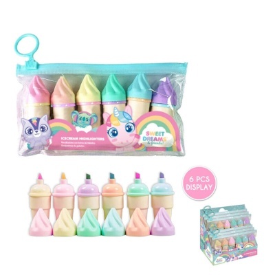 Marcadores fluorescentes em forma de gelado colorido com estojo transparente e fecho azul