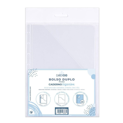 Arquivo plástico transparente para caderno com bolso duplo e embalagem com texto azul