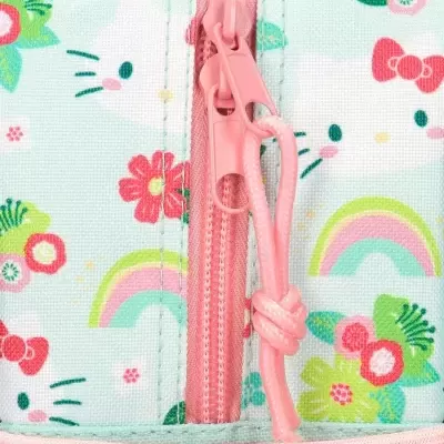 Fecho de correr rosa com padrão floral e arcos-íris em tecido azul claro